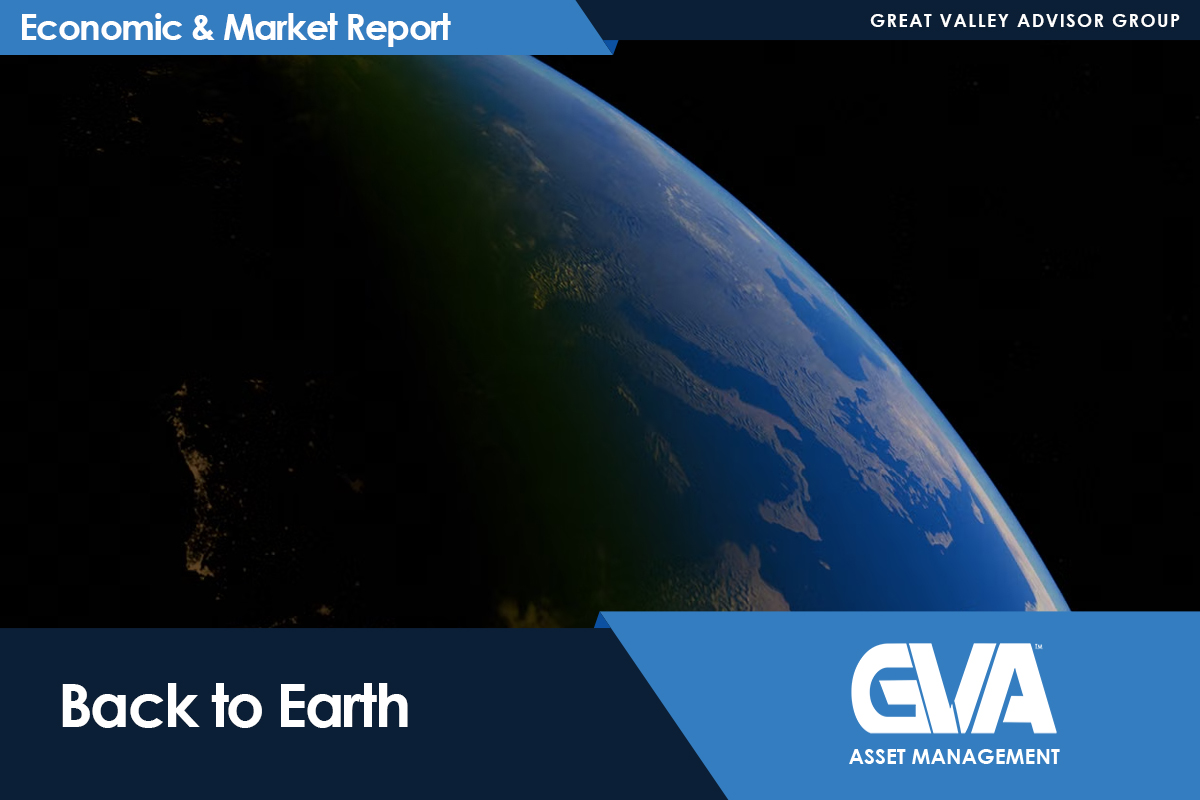Hero banner for Economic & Market Report with Earth from space, 'Back to Earth', and GVA Asset Management branding.